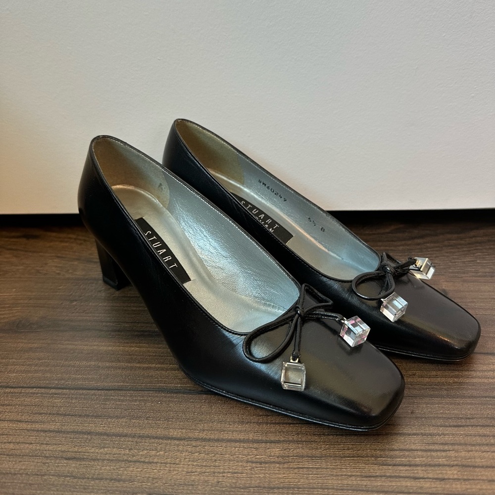 Stuart Weitzman Black Leather Mid Heel Pumps with Crystal Charms